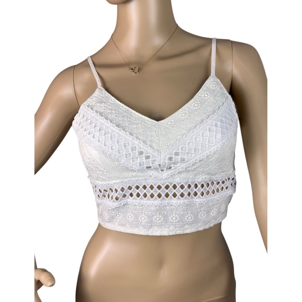 Rebellion‎ Women's Size S White Lace Crop Cami Top Smocked V-neck Sleeveless